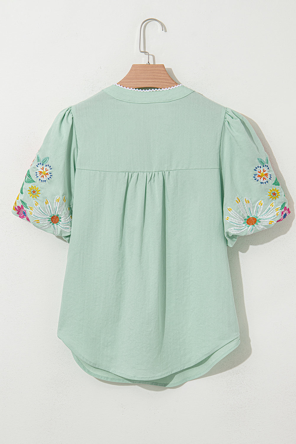 Clearly Aqua Floral Embroidered Puff Sleeve Split Neck Blouse Shewin