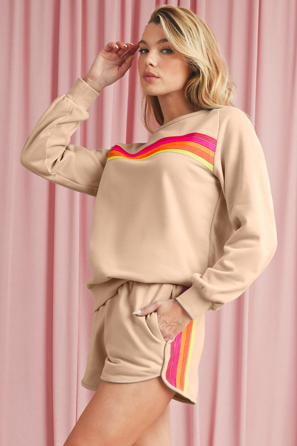 Apricot Colorful Striped Long Sleeve Pullover and Shorts Set Shewin
