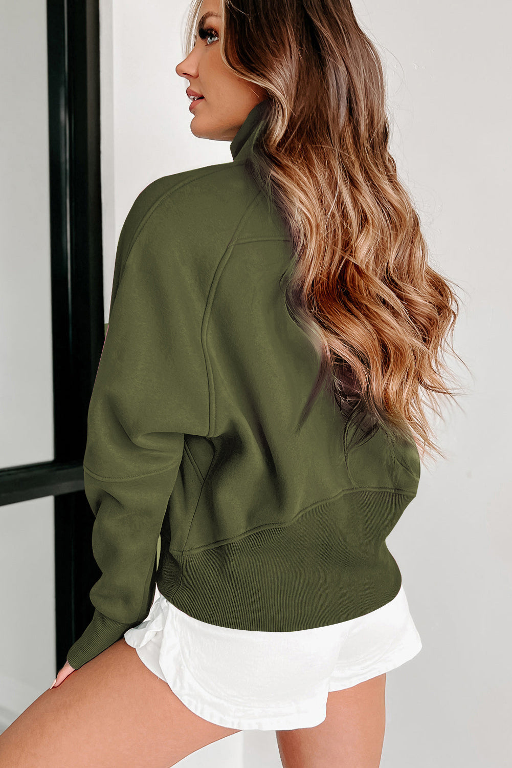 Green Zip Up Stand Collar Ribbed Thumbhole Sleeve Sweatshirt Shewin