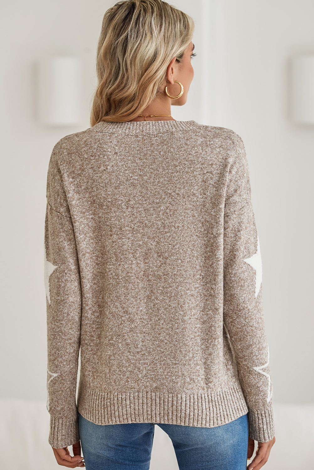 Khaki Star Pattern Drop Shoulder Knit Sweater Shewin