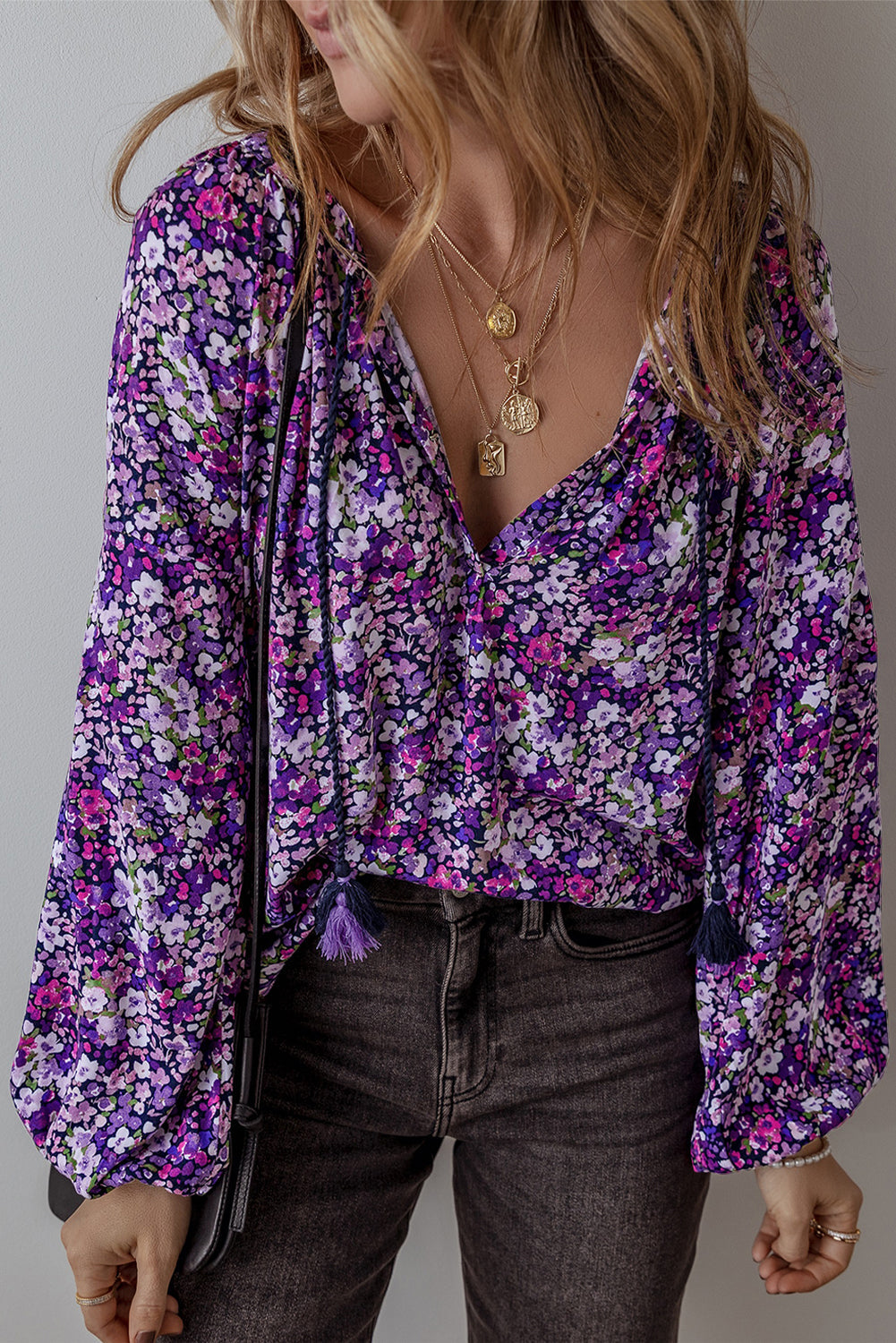 Purple Boho Ditsy Floral Split V Neck Bubble Sleeve Blouse Shewin