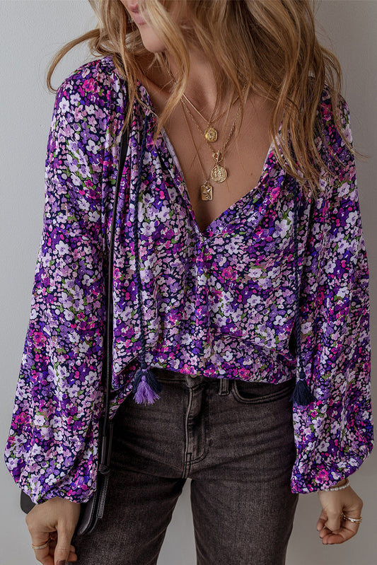 Purple Boho Ditsy Floral Split V Neck Bubble Sleeve Blouse Shewin