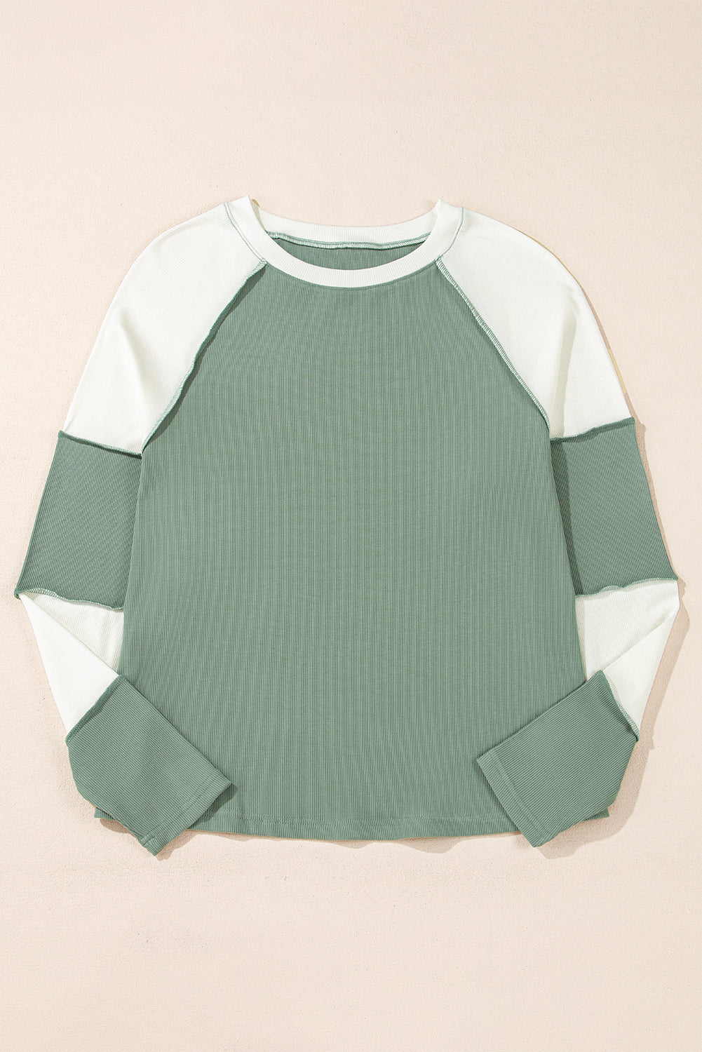 Mint Green Ribbed Colorblock Patchwork Raglan Long Sleeve Top Shewin