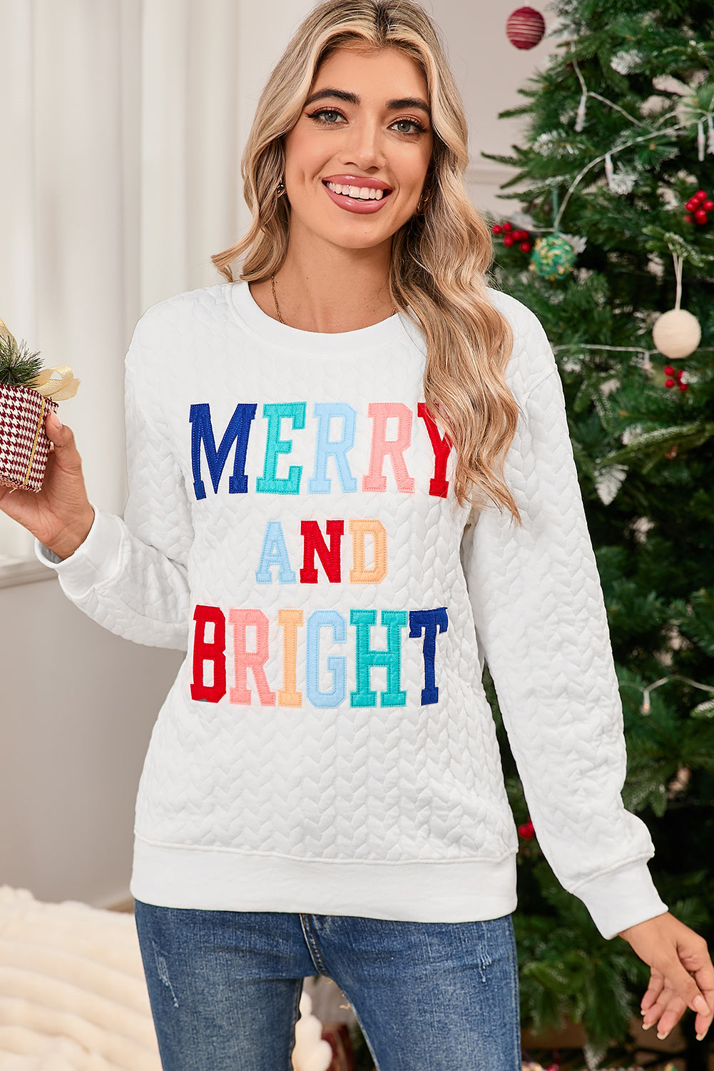 White Merry and Bright Quilted Sweatshirt Shewin