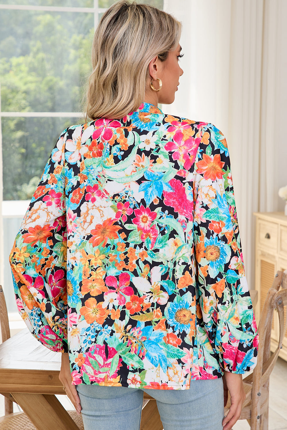 Multicolour Boho Floral V Neck Lantern Sleeve Blouse Shewin