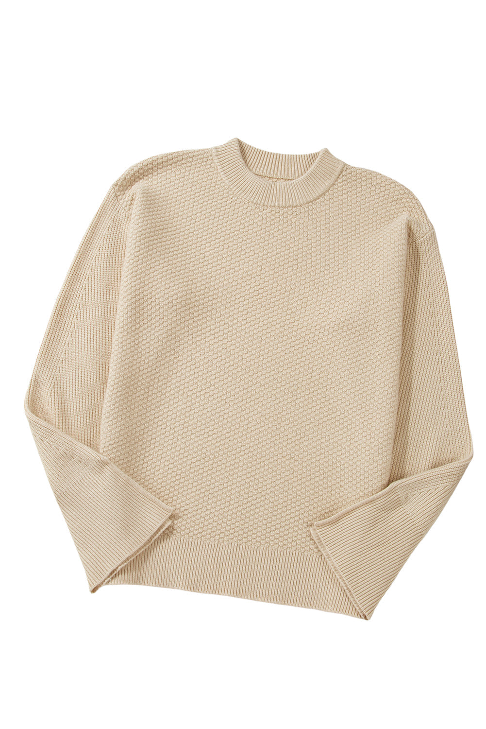 Parchment Solid Textured Knit Split Cuff Drop Shoulder Sweater Shewin