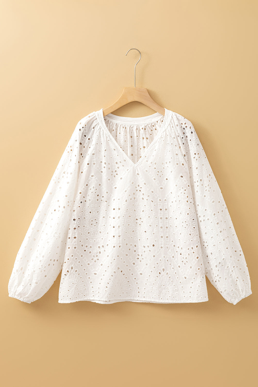 White Eyelet Embroidered Puff Sleeve V Neck Blouse Shewin