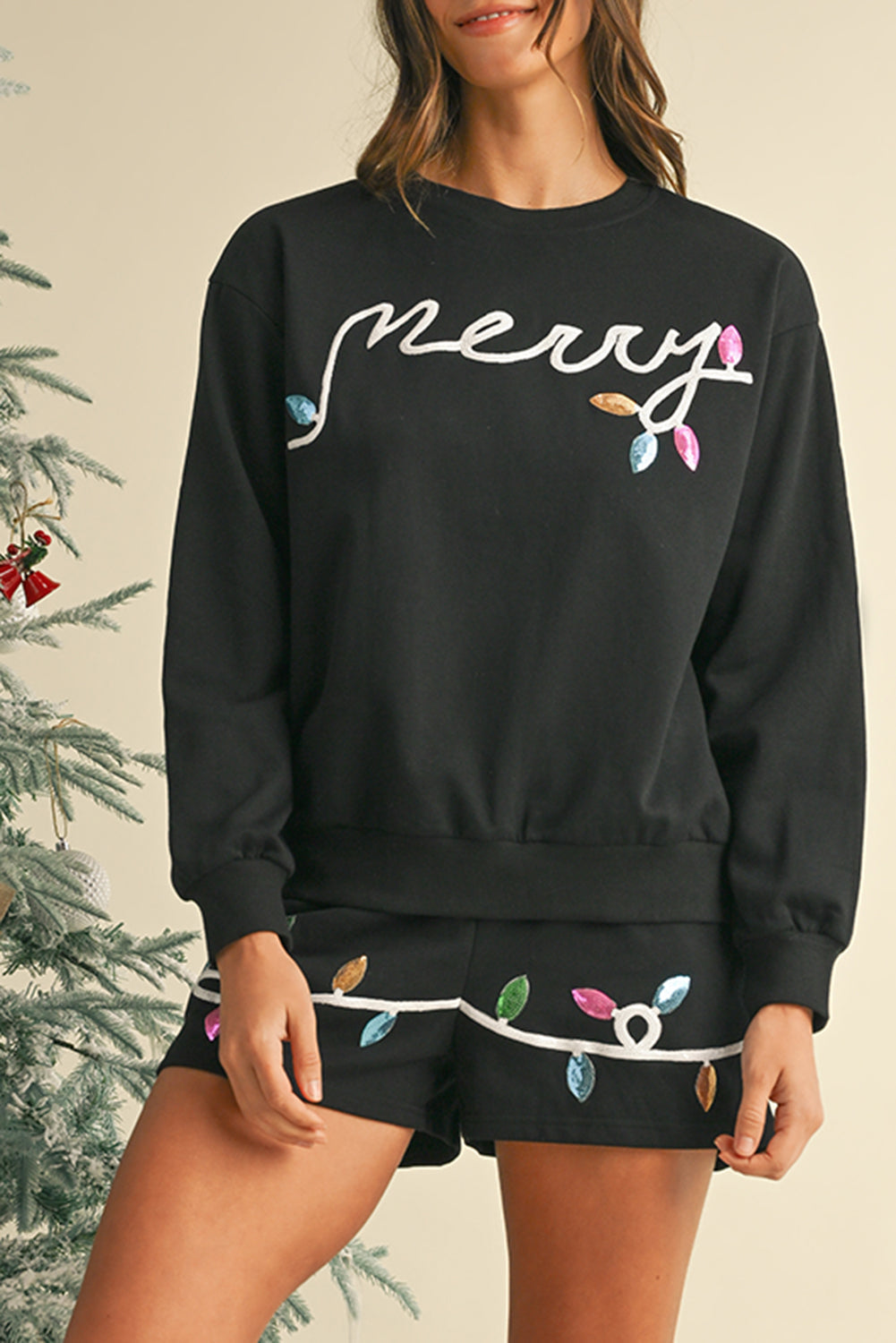 Black Sequin Merry Graphic Pullover and Shorts Set Shewin