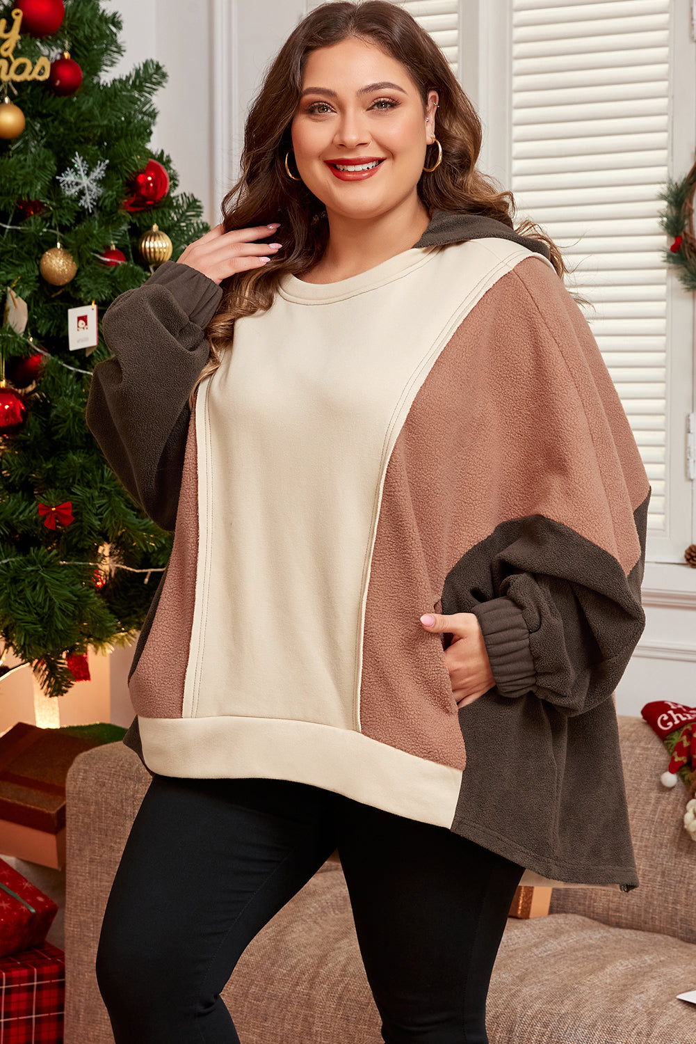 Brown Plus Size Exposed Seam Patchwork Sweatshirt Shewin