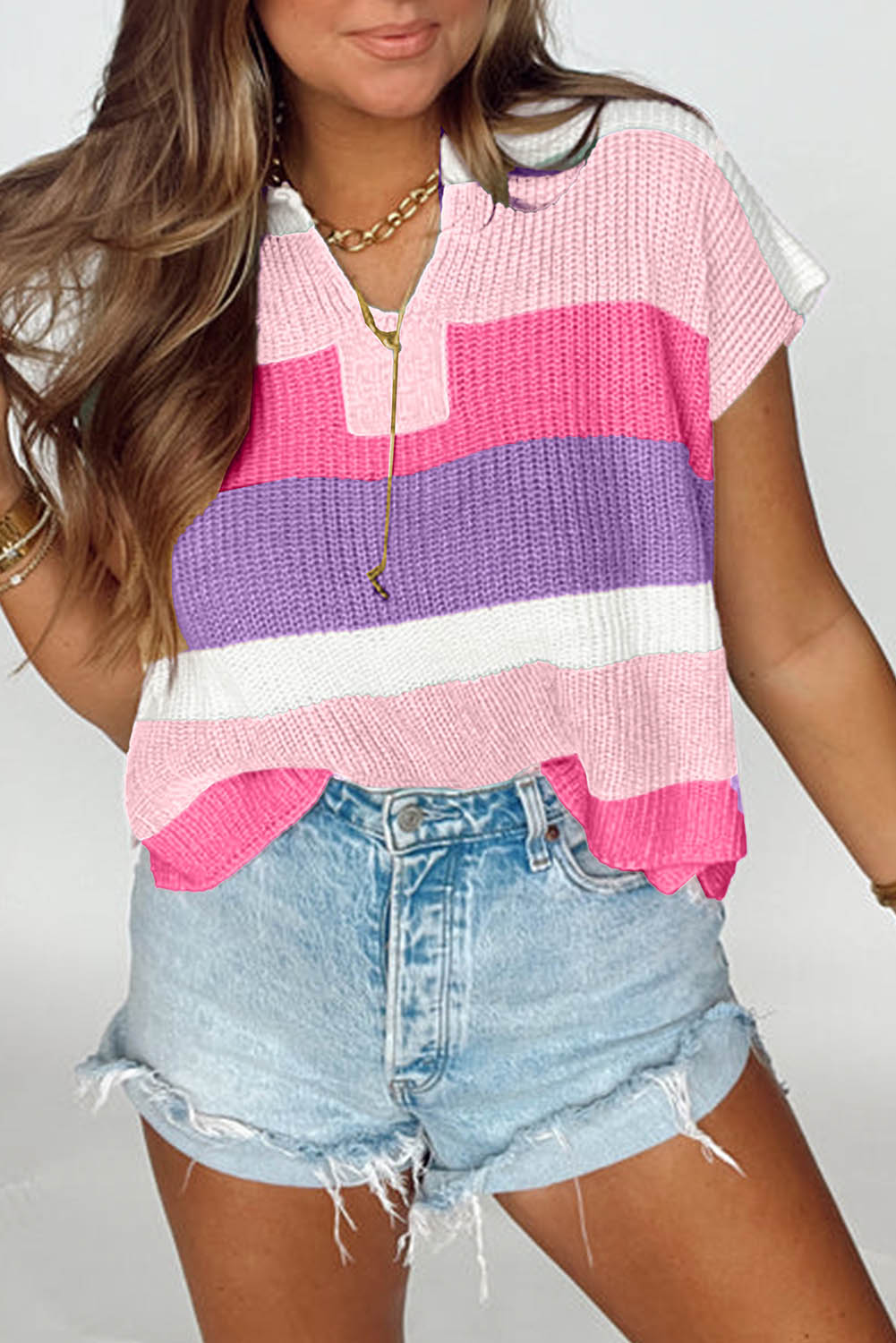 Pink Colorblock Notch V Neck Knit T Shirt Shewin