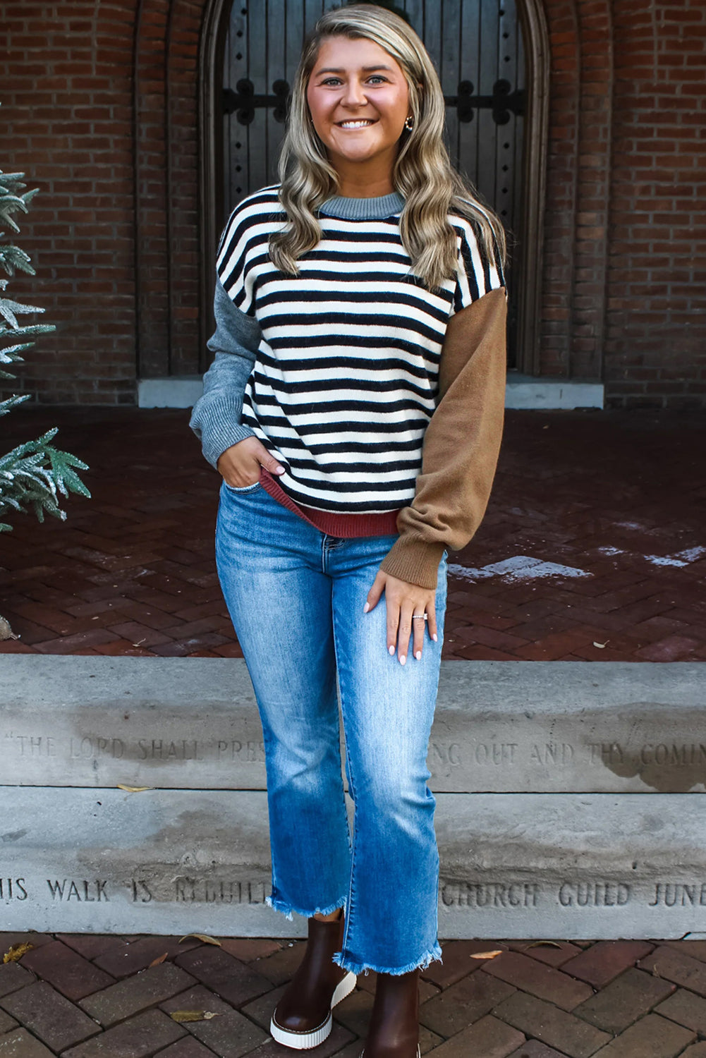 Black Striped Colorblock Patchwork Long Sleeve Sweater Shewin