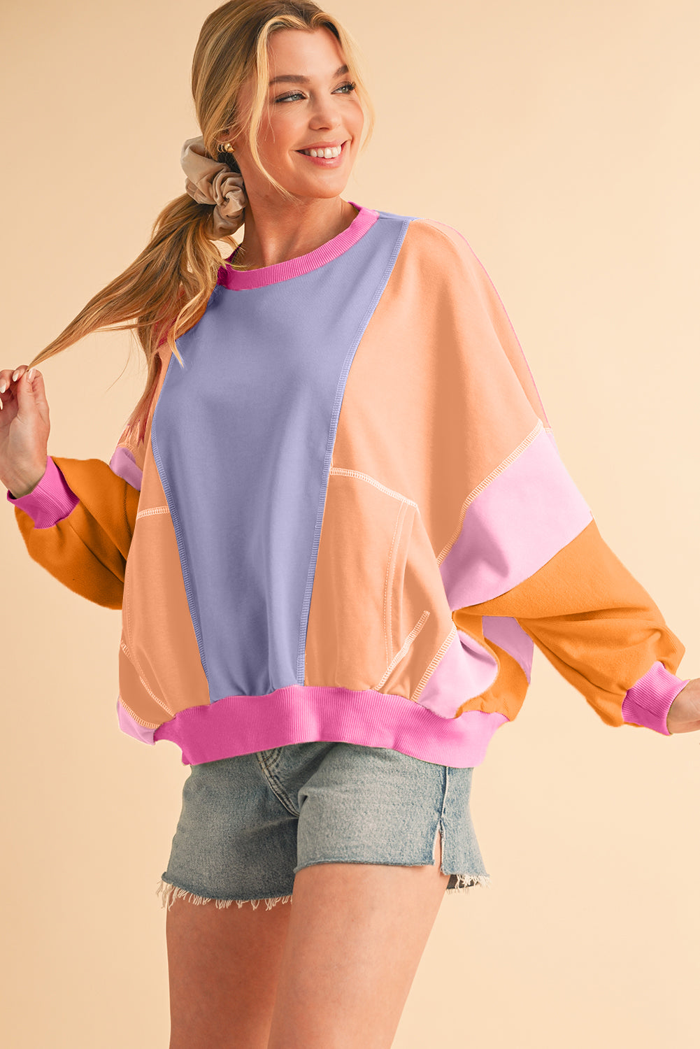 Orchid Petal Colorblock Patchwork Drop Shoulder Top Shewin