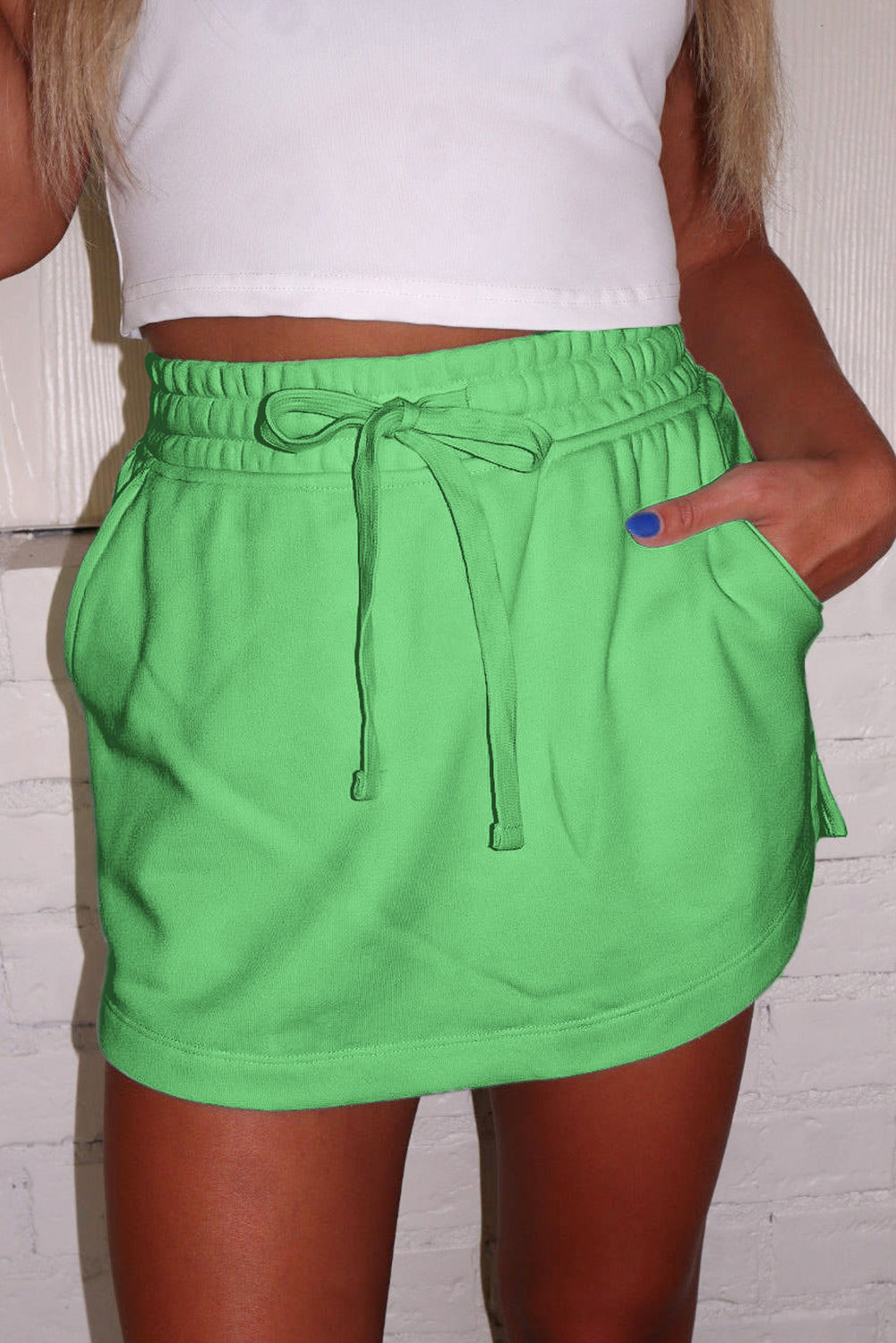 Light Green French Terry Drawstring Mini Skort with Pockets Shewin