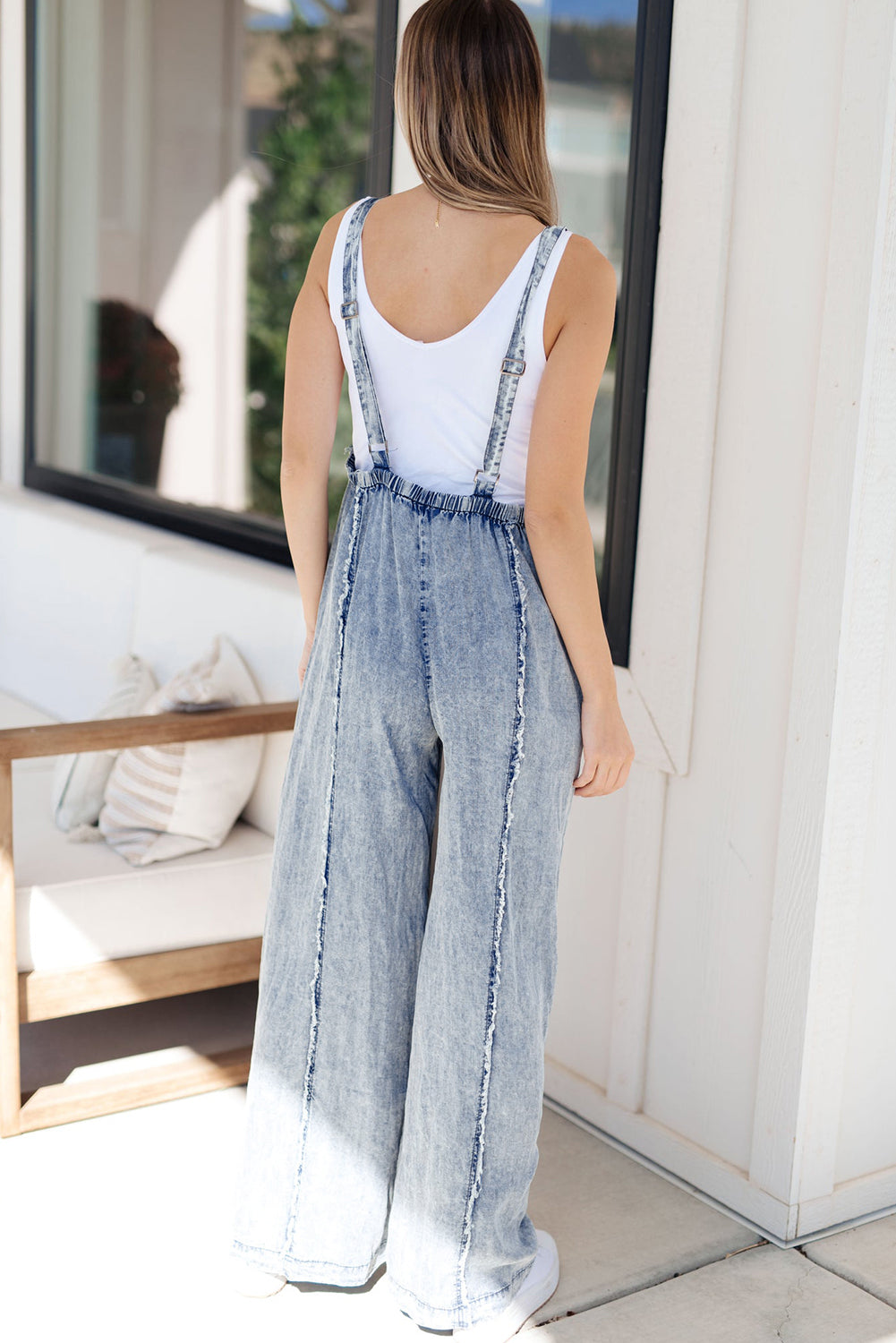 Blue Light Wash Frayed Exposed Seam Wide Leg Denim Overalls Shewin