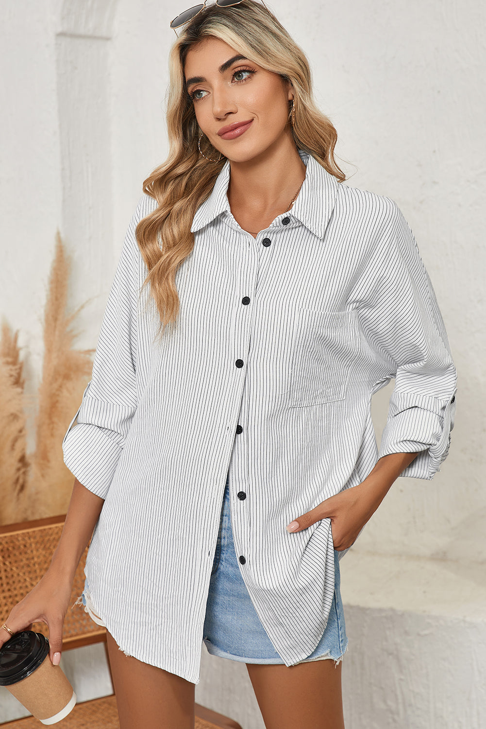 Black Stripe Roll-tab Sleeve Pocketed Tunic Shirt Shacket Shewin