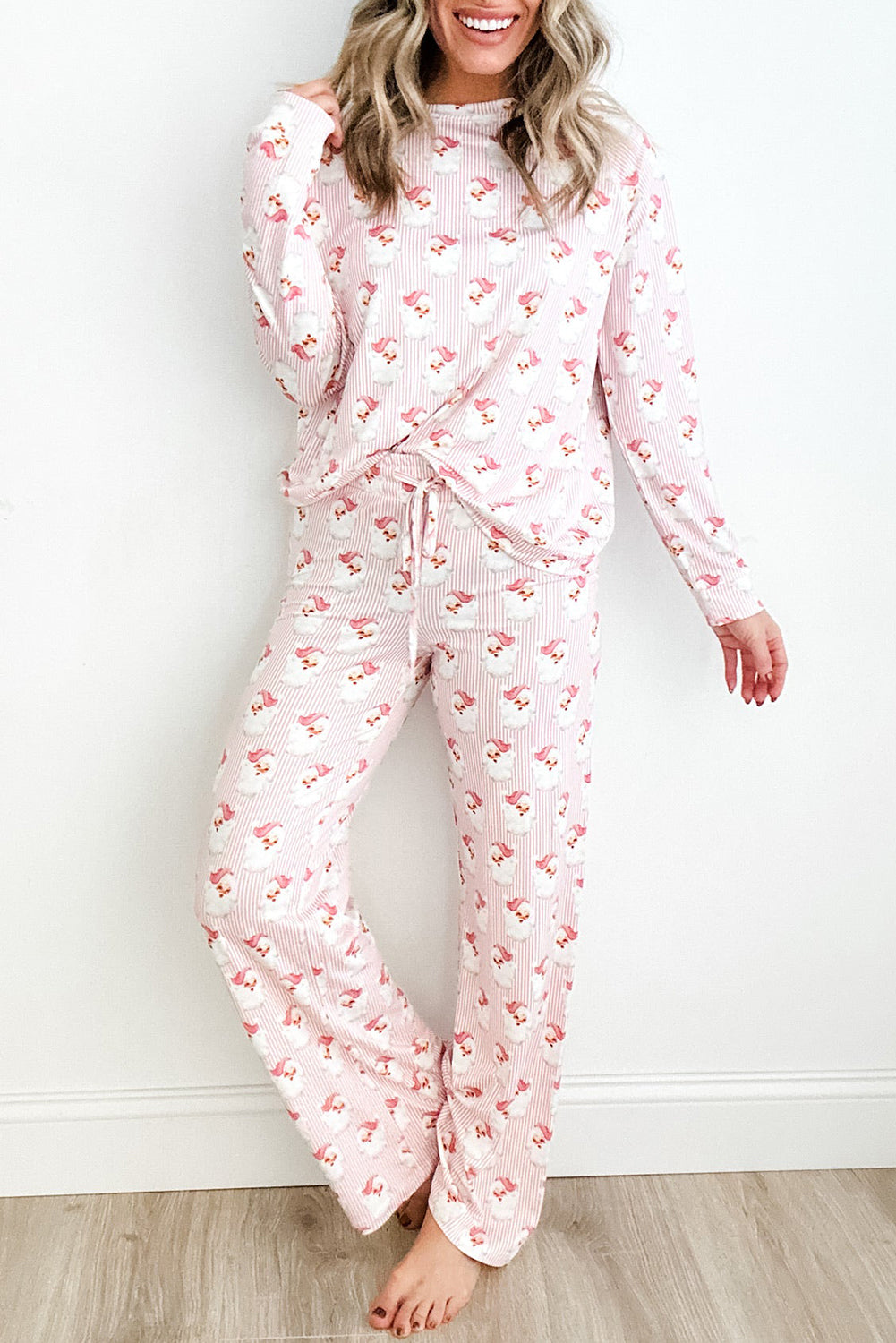 Pink Santa Claus Striped Print Loose Fit Two Piece Loungewear Set Shewin
