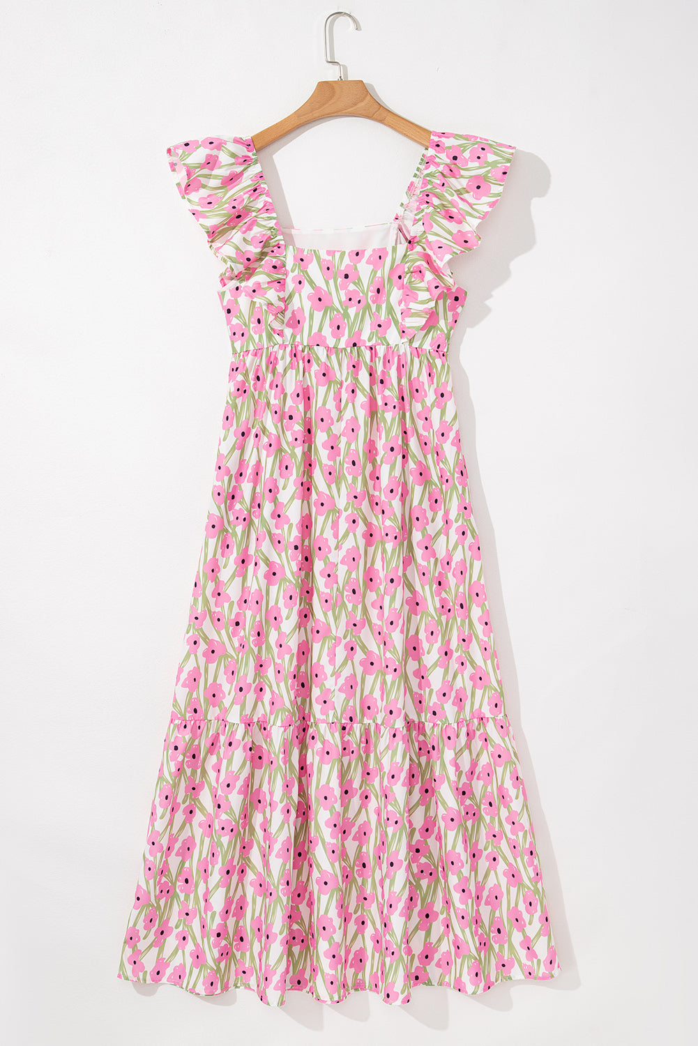 Pink Floral Print Square Neck Ruffled Strap Maxi Dress Shewin