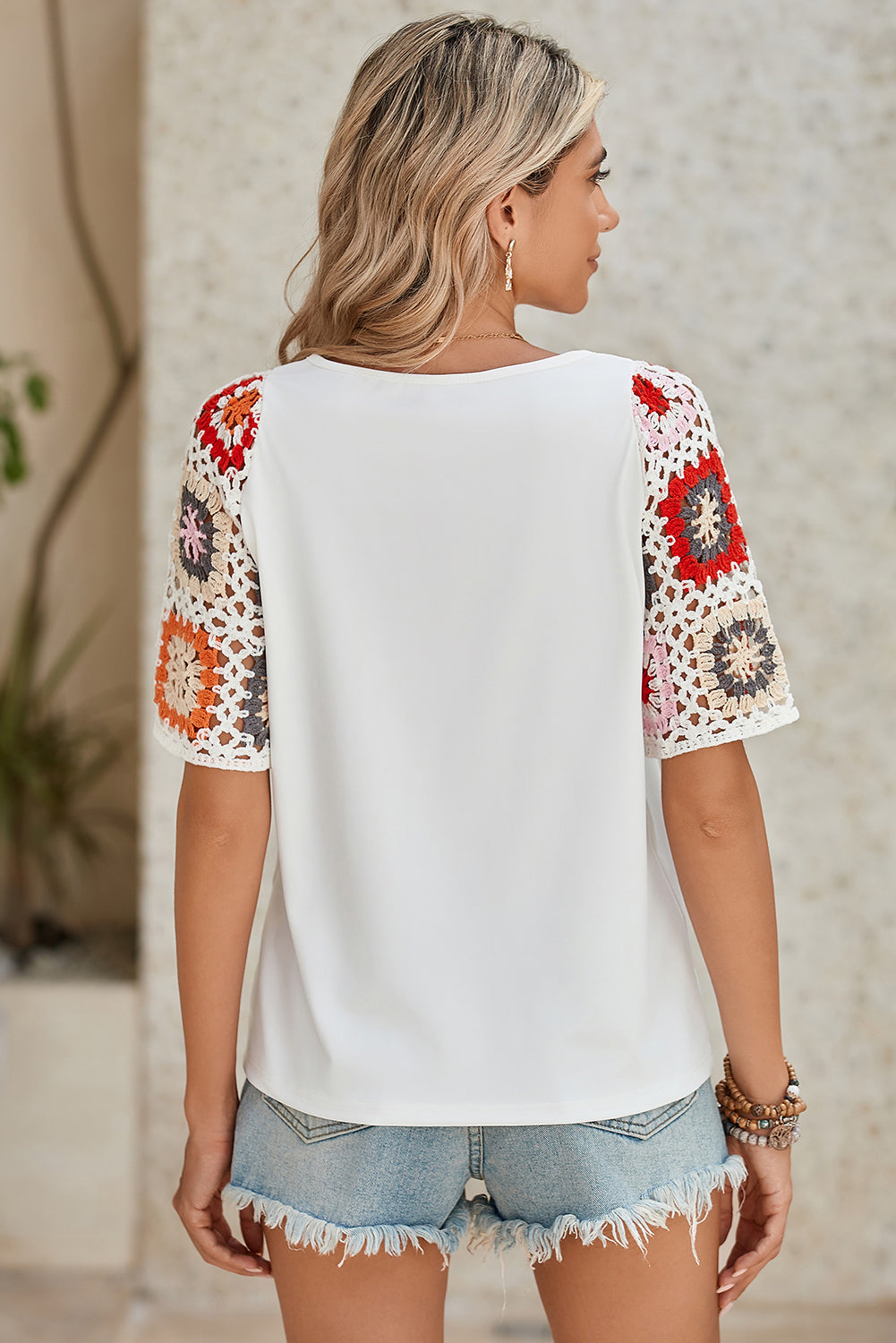 White Floral Hollowed Crochet Sleeve Boho T Shirt Shewin