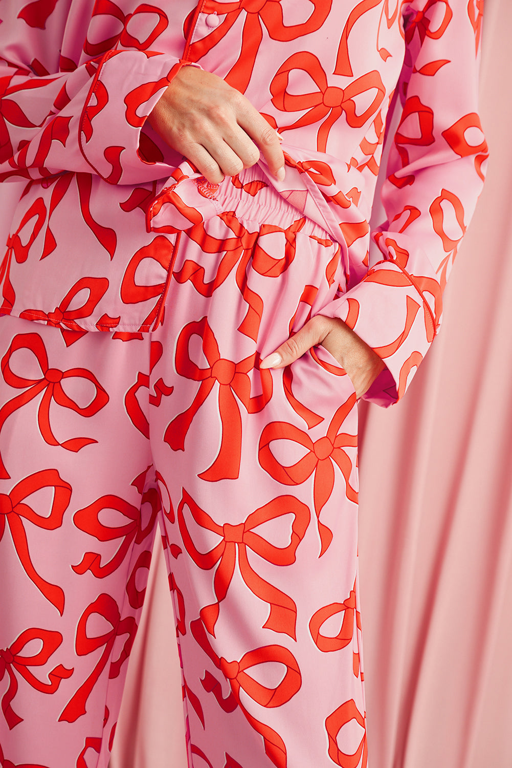 Pink Allover Bow Print Button Up and Loose Pants Pajama Set Shewin