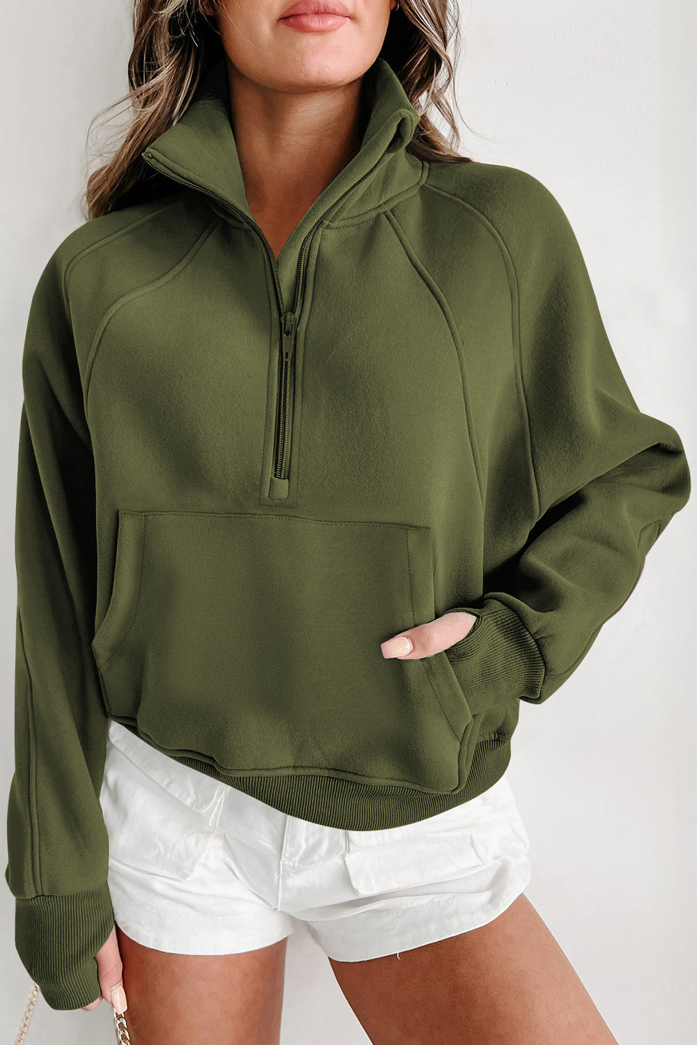 Green Zip Up Stand Collar Ribbed Thumbhole Sleeve Sweatshirt Shewin