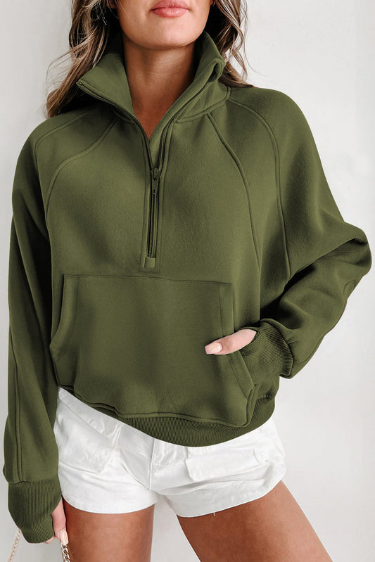 Green Zip Up Stand Collar Ribbed Thumbhole Sleeve Sweatshirt Shewin