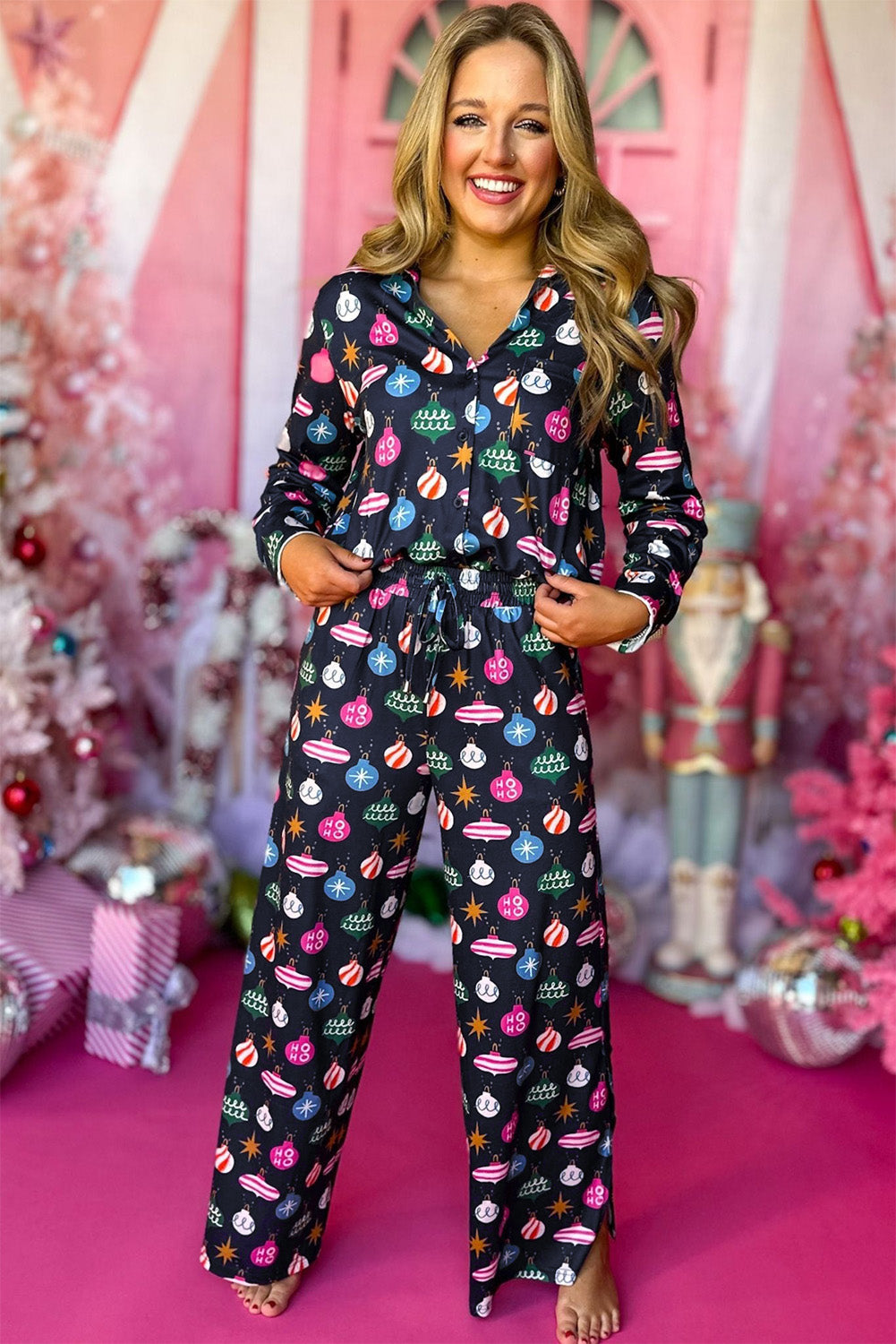Navy Blue Colorful Christmas Lights Print Shirt and Pants Pajama Set Shewin