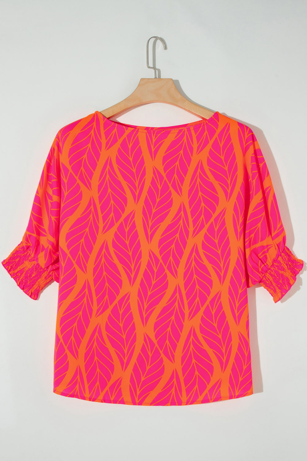 Rose Tropical Leaf Print Smocked Plus Size Dolman Top Shewin