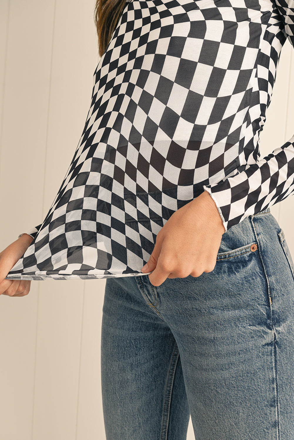 Black Checkered Pattern Mesh Long Sleeve Top Shewin