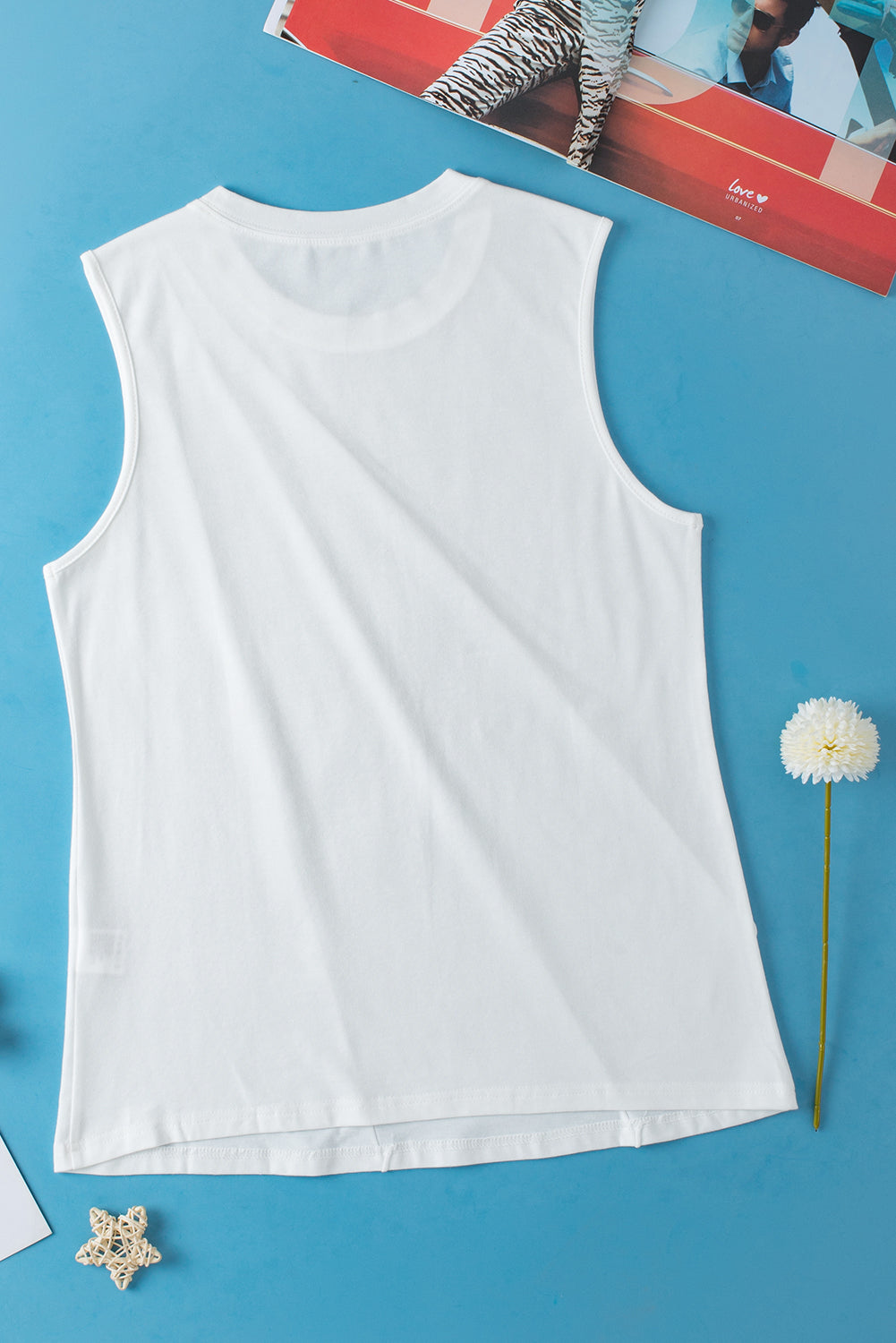 White Solid Color Crew Neck Pleated Tank Top Shewin