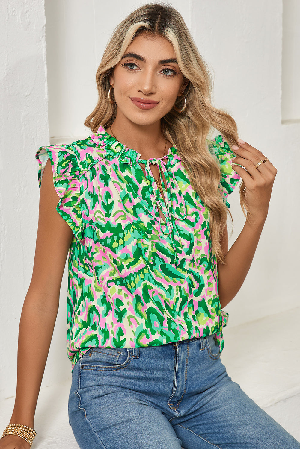 Green Abstract Print Frill Split Neck Ruffle Sleeveless Top Shewin