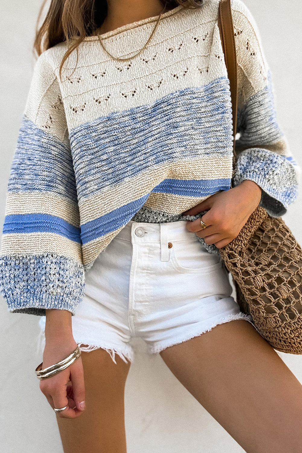 Light Blue Striped Hollow Out Puff Sleeve Sweater Shewin