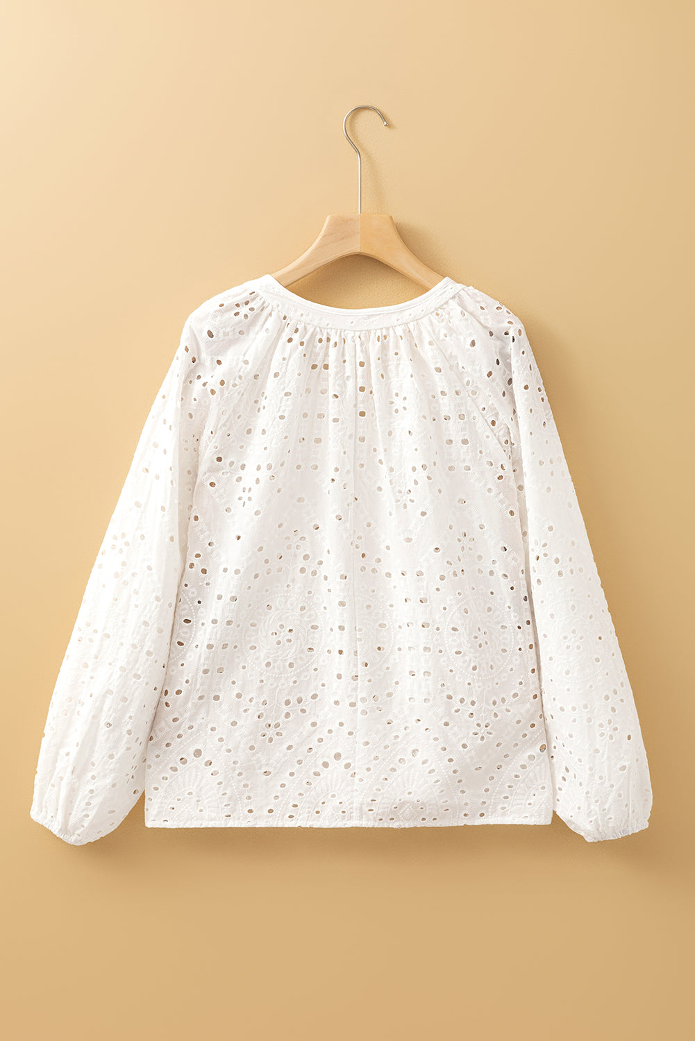 White Eyelet Embroidered Puff Sleeve V Neck Blouse Shewin