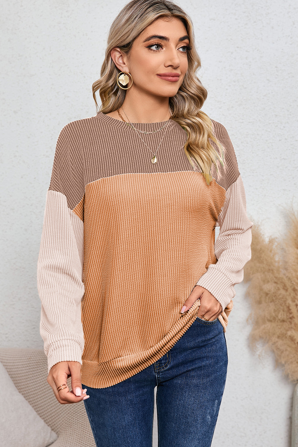 Khaki Color Block Ribbed Loose Long Sleeve Top Shewin