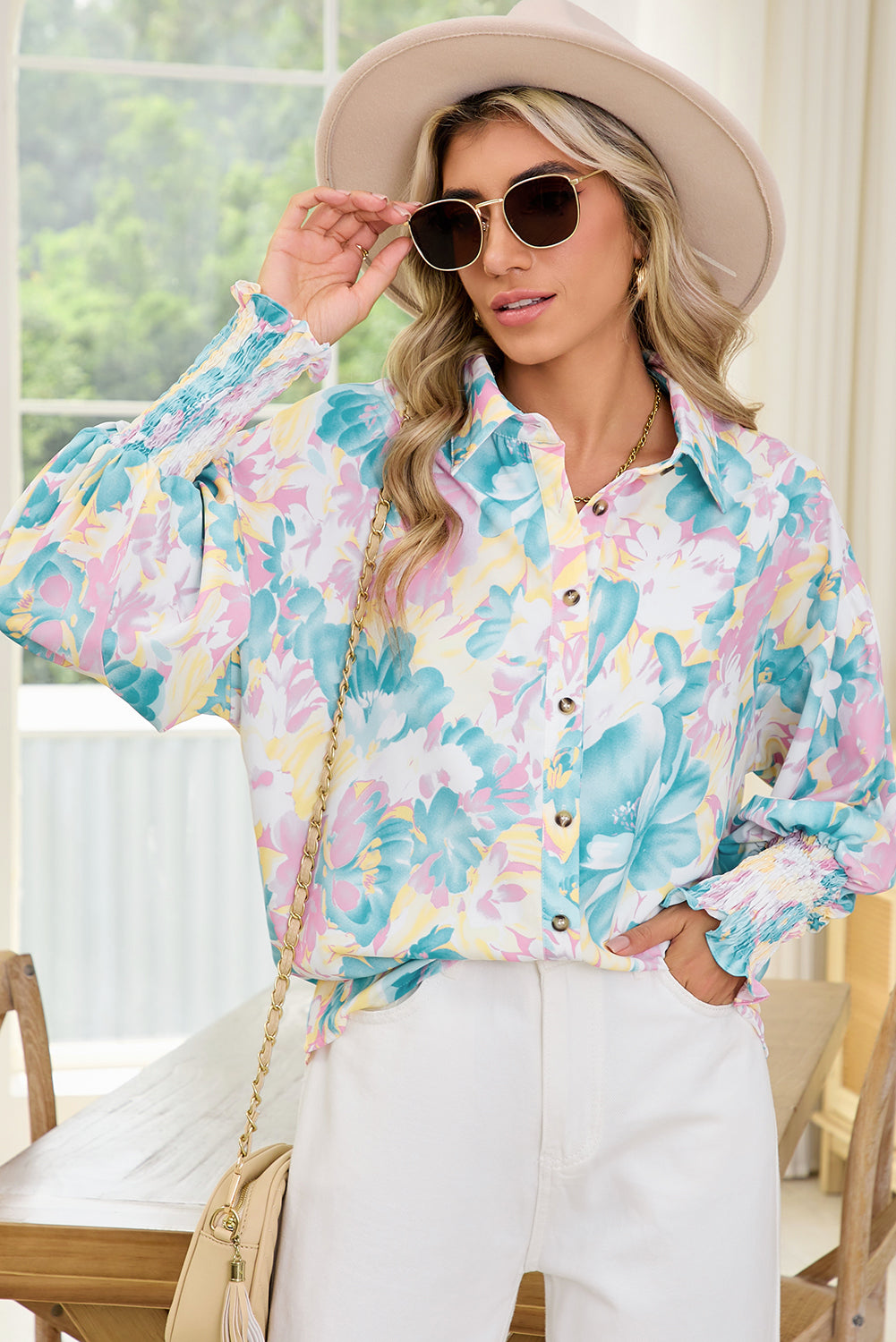 Yellow Floral Allover Print Shirred Cuff Oversized Shirt Shewin
