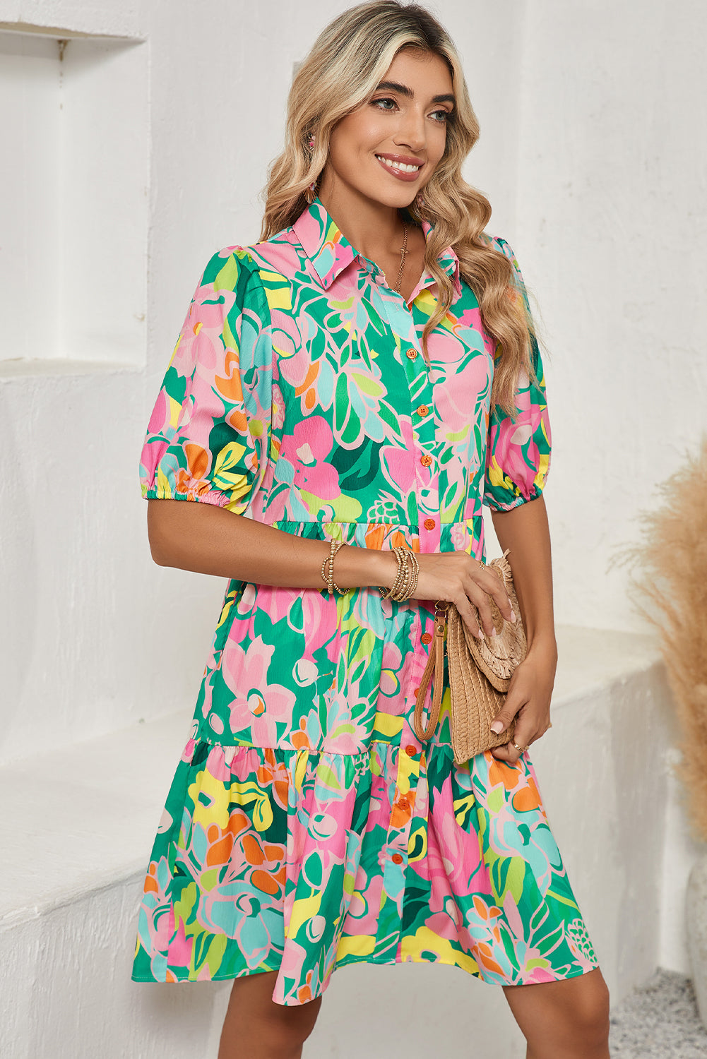 Green Floral Puff Sleeve Buttoned Babydoll Dress Shewin