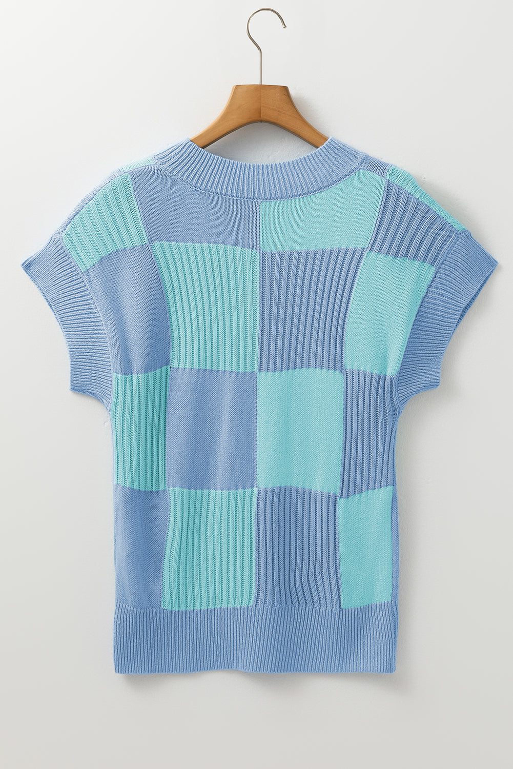 Light Blue Checkered Color Block Crew Neck Short Sleeve Sweater Shewin