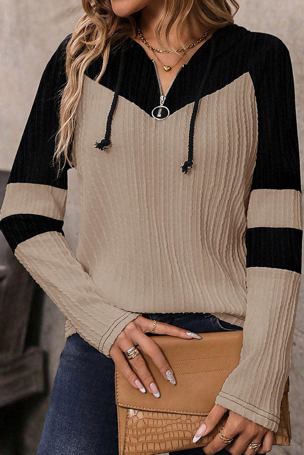 Parchment Textured Patchwork Long Sleeve Hooded Top Shewin