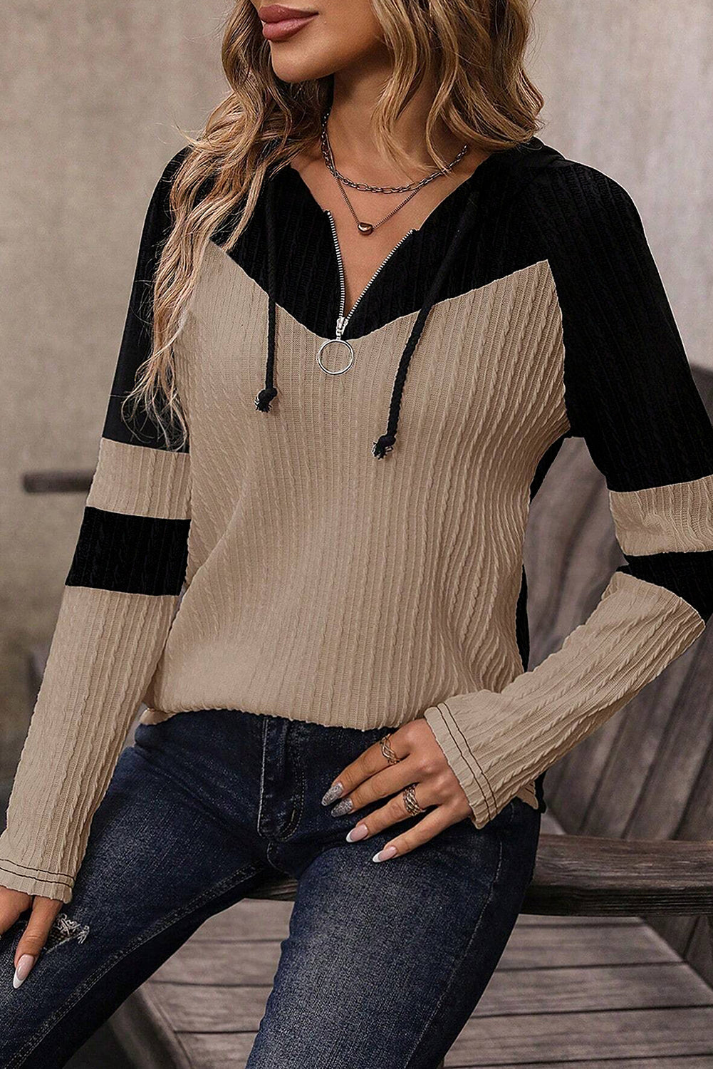 Parchment Textured Patchwork Long Sleeve Hooded Top Shewin