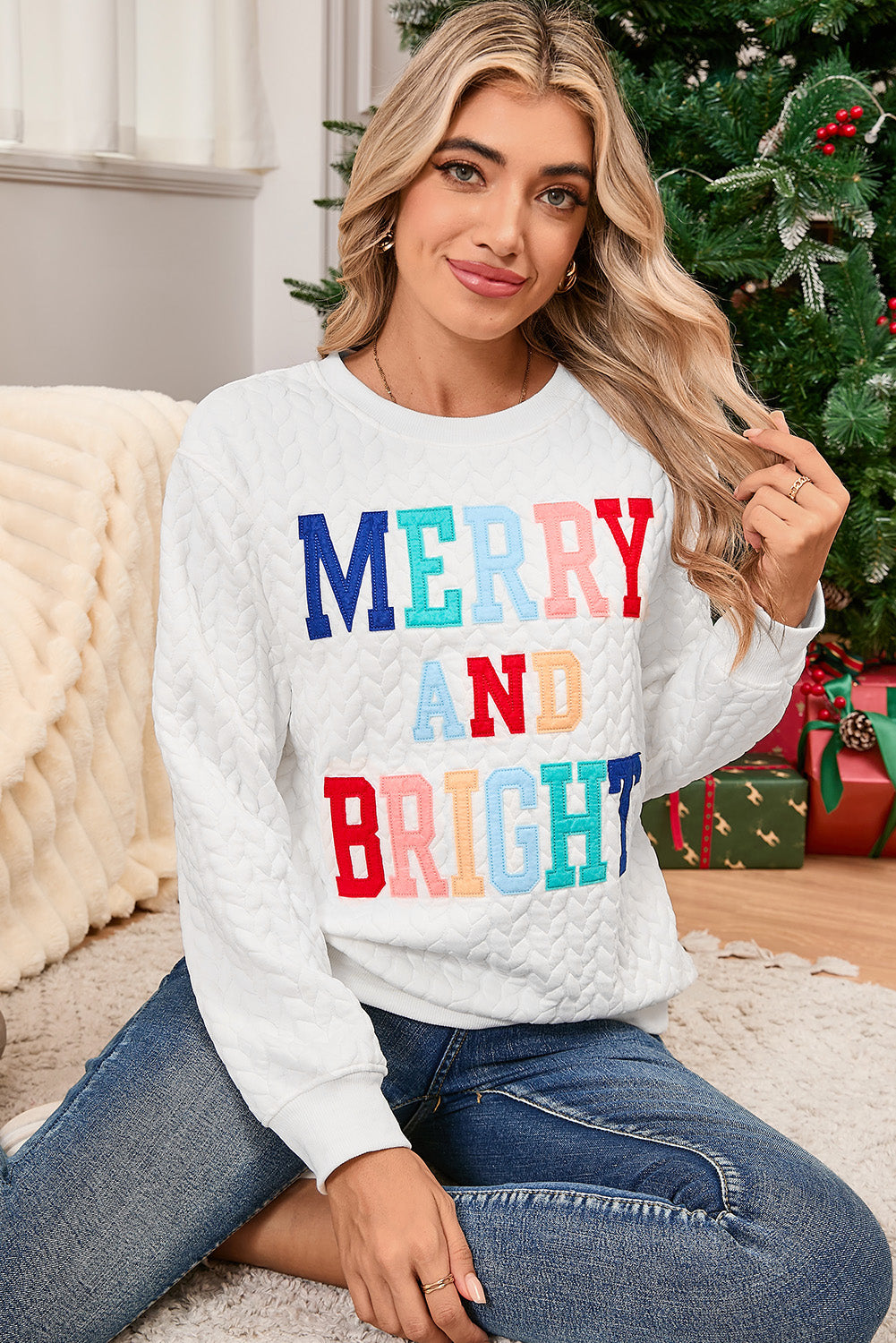 White Merry and Bright Quilted Sweatshirt Shewin