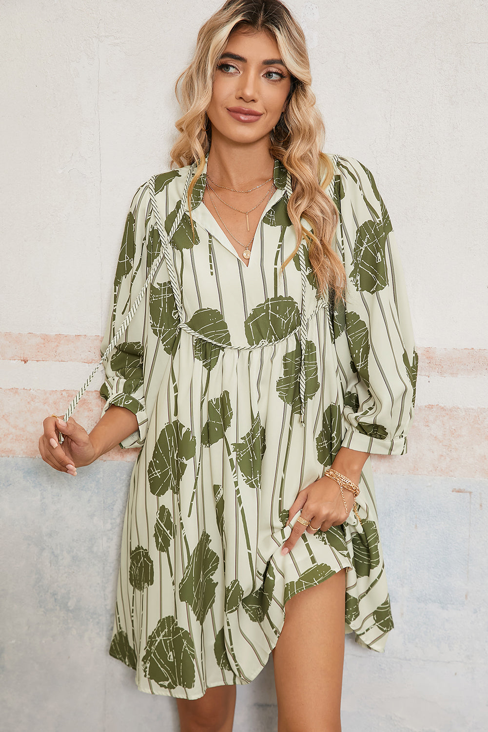 Guacamole Green Abstract Print Striped V-Neck Mini Dress Shewin