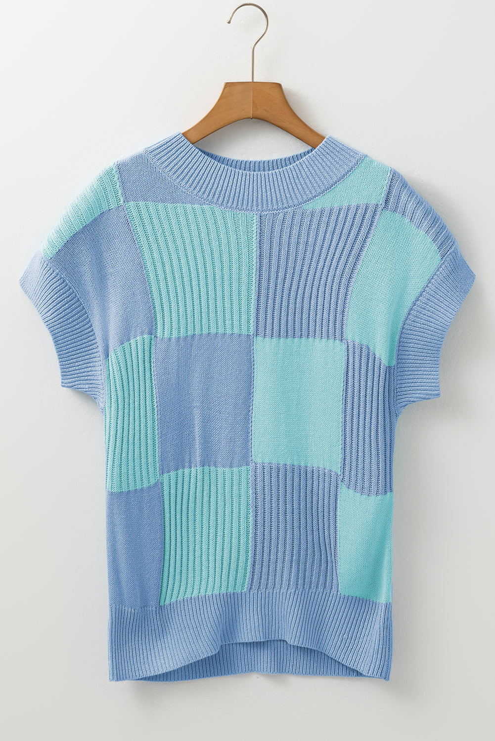 Light Blue Checkered Color Block Crew Neck Short Sleeve Sweater Shewin
