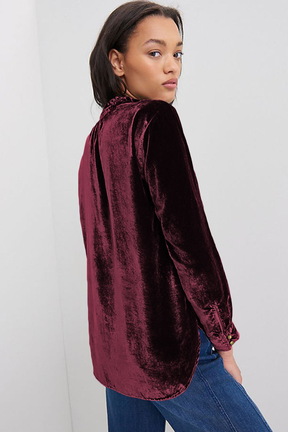 Red Frilled Buttoned V Neck Velvet Blouse Shewin