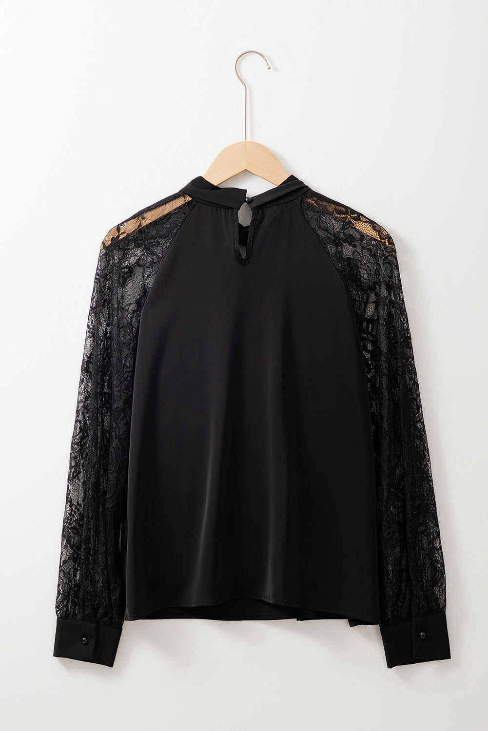 Black Keyhole Neckline Lace Splicing Raglan Sleeve Blouse Shewin