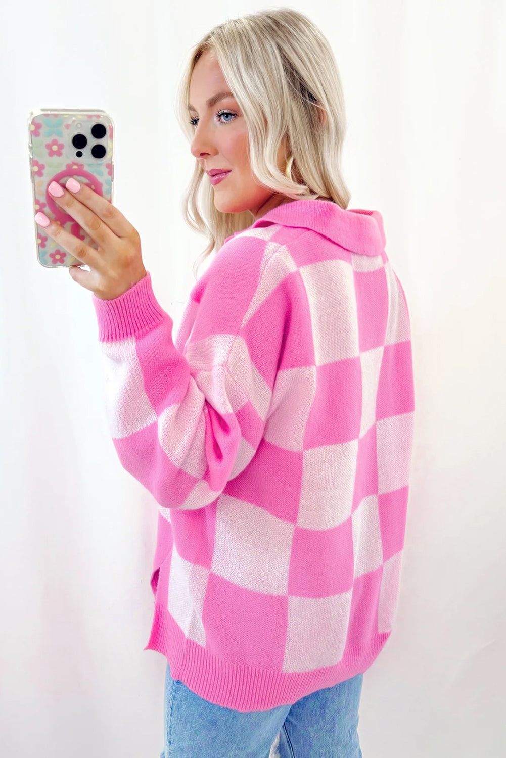 Pink Checkered Button Collared Sweater Shewin