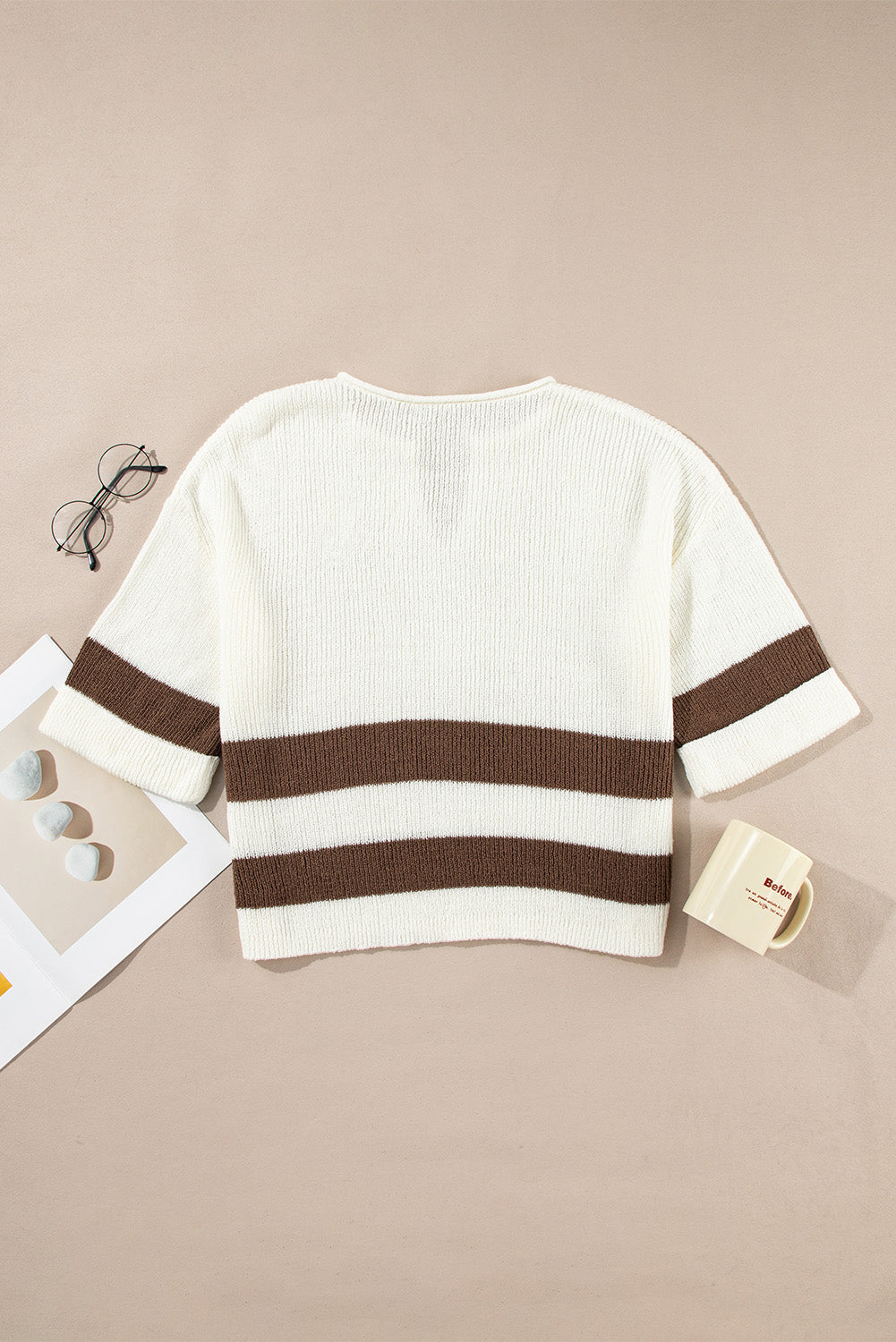 Brown Stripe Cropped Drop Sleeve Sweater Shewin