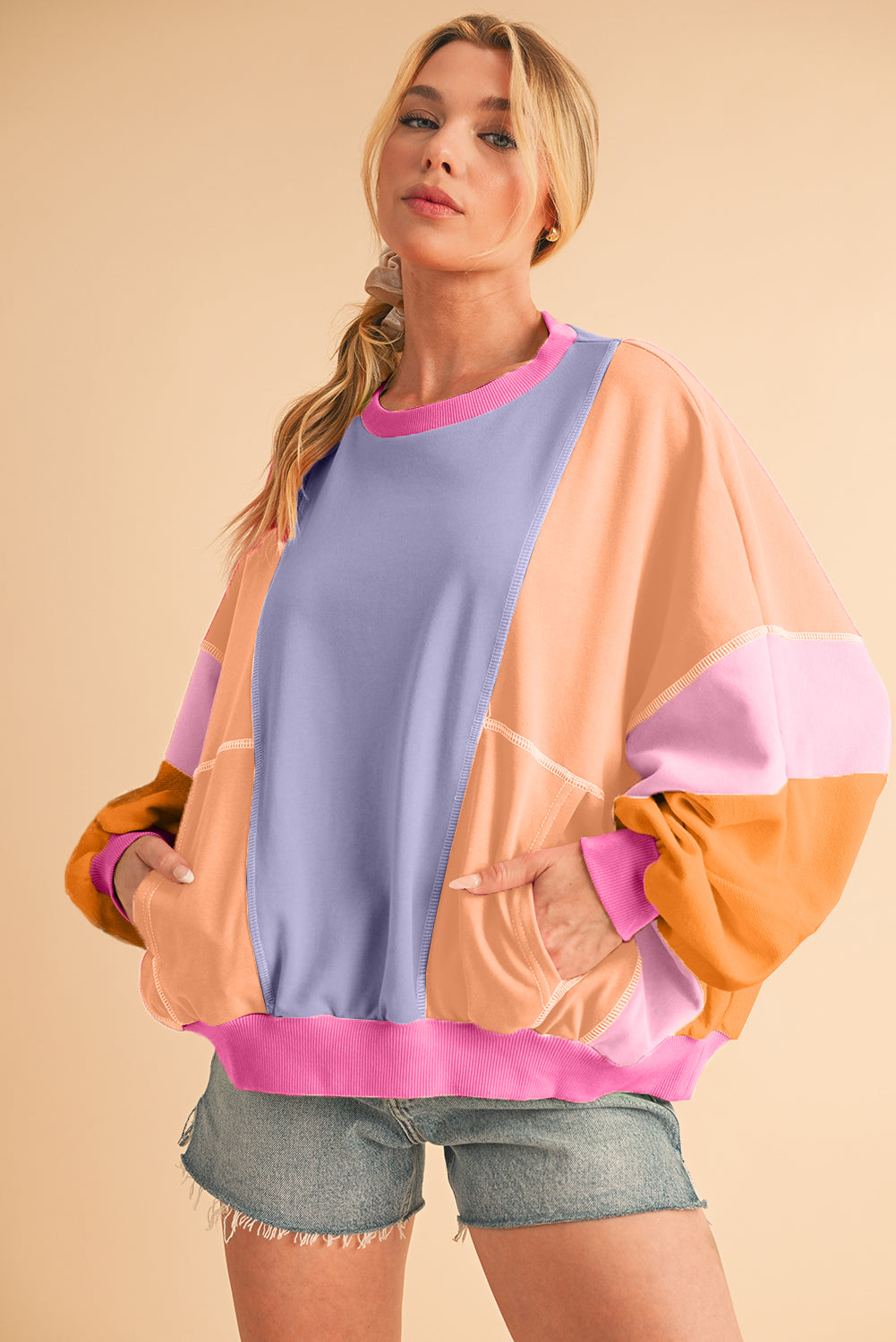 Orchid Petal Colorblock Patchwork Drop Shoulder Top Shewin