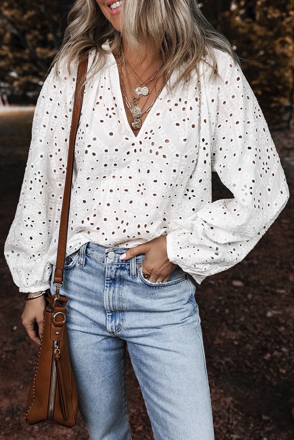 White Eyelet Embroidered Puff Sleeve V Neck Blouse Shewin