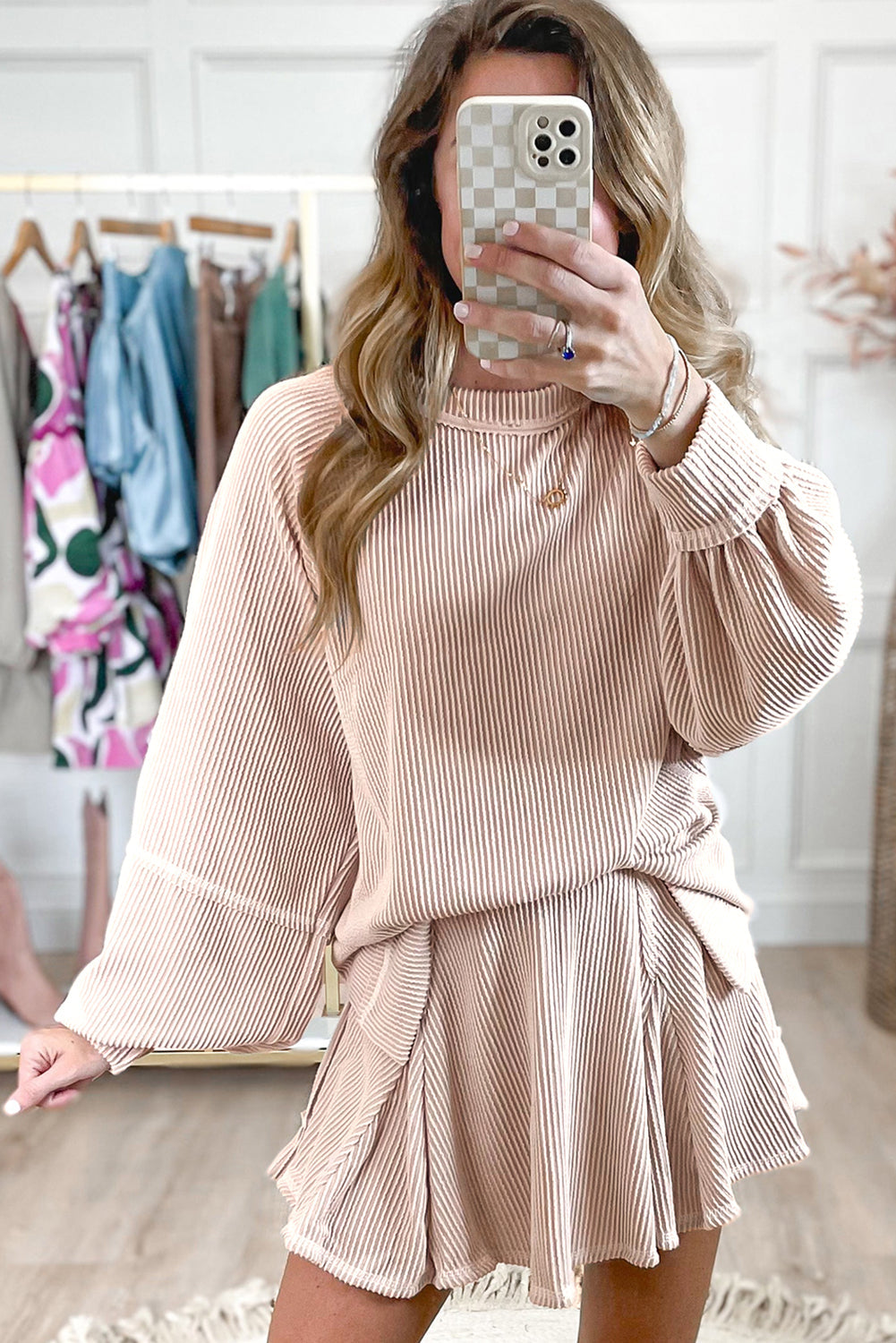 Jet Stream Corded Lantern Sleeve Pullover and Ruffle Mini Skirt Set Shewin