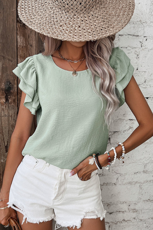 Clearly Aqua Solid Color Ruffle Sleeve Crinkled Blouse Shewin