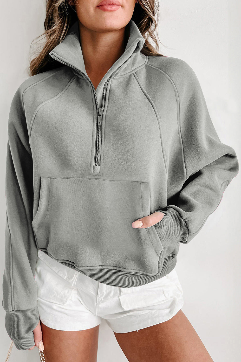 Gray Zip Up Stand Collar Ribbed Thumbhole Sleeve Sweatshirt Shewin
